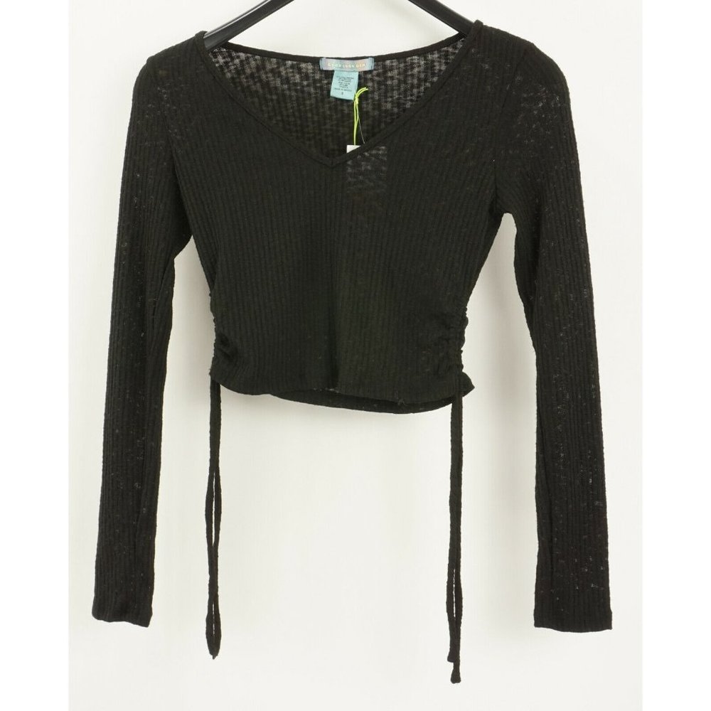 New‎ Good Luck Gem Women's S Black Lightweight Rib Knit V-Neck Side Tie Crop Top